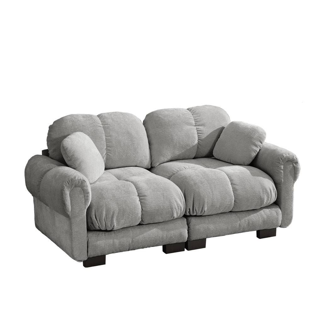 Divano modulare 2 posti con cuscini spessi schienale curvo e braccioli sagomati in chenille grigio chiaro