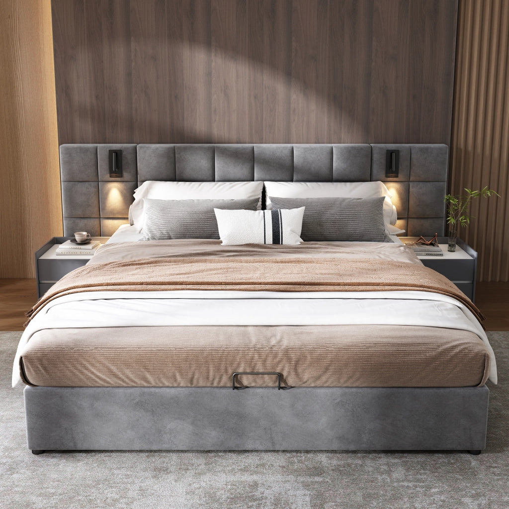 Letti contenitori 160x200 cm con contenitore e testiera con lampada regolabile e USB; acciaio; grigio (Senza materasso)