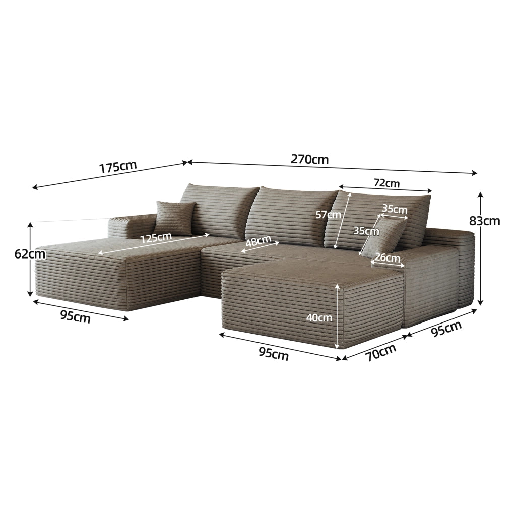 Divano angolare con chaise longue e seduta profonda in tessuto a coste, colore camel, 270 × 175 × 83 cm