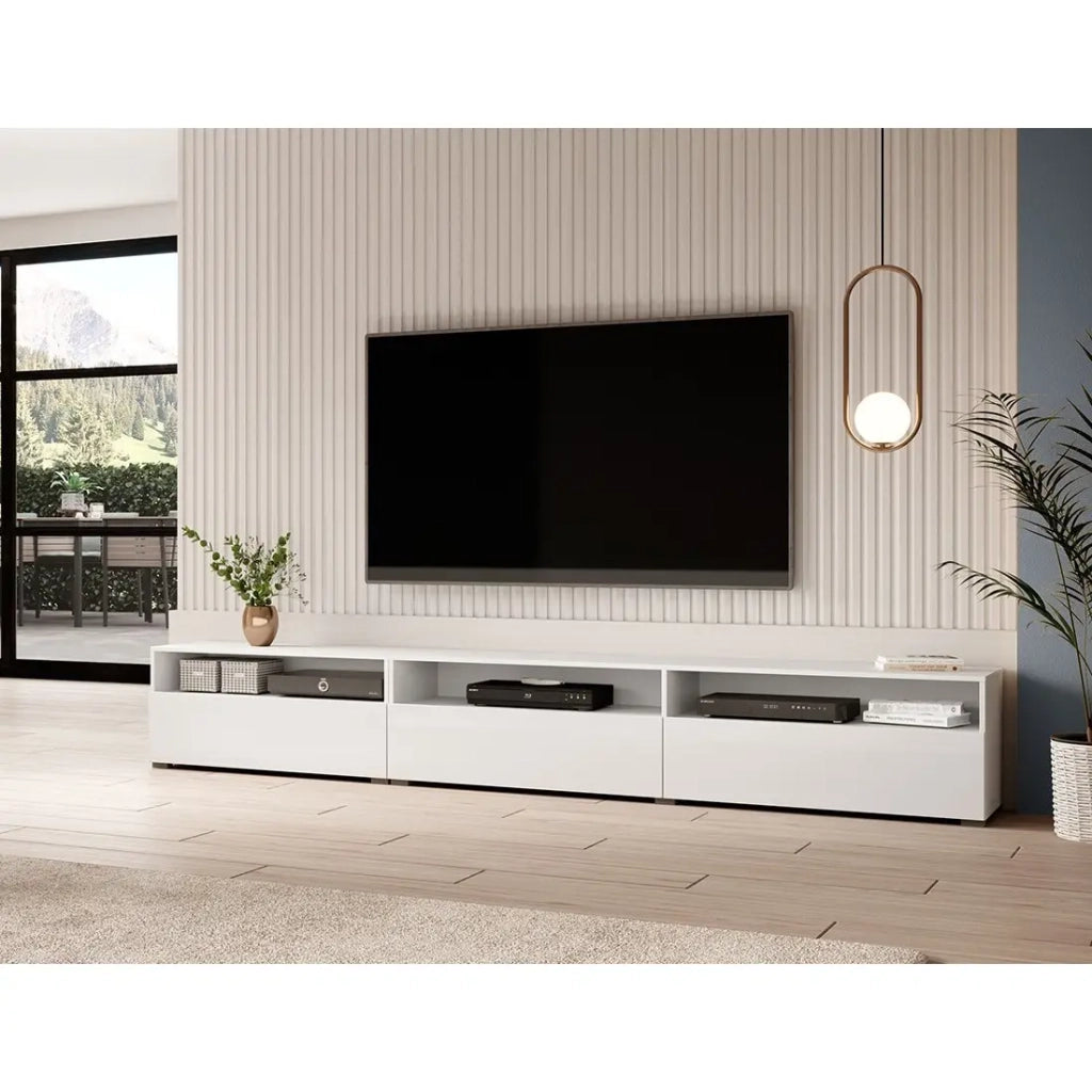 Buffet RAMOS – 2 porte in vetro + 3 cassetti – Color bianco lucido e nero – LED multicolori integrate