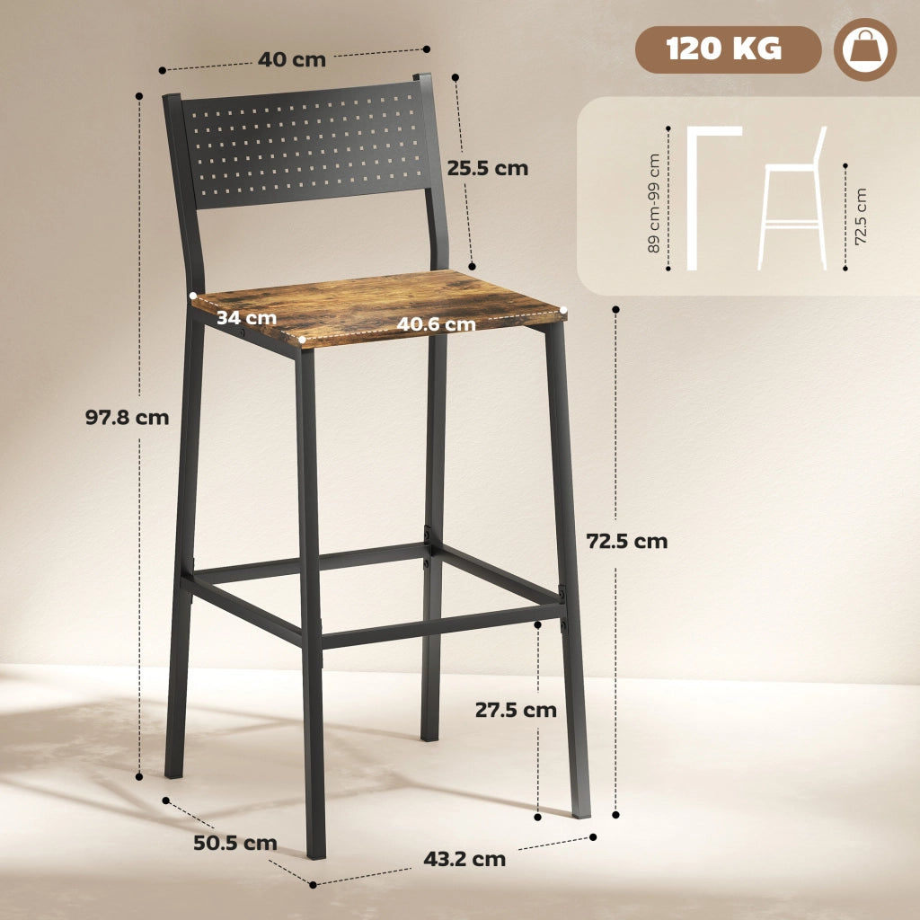 Set 2 Sgabelli da Bar in Stile Industriale con Schienale e Poggiapiedi 43,2x50,5x97,8 cm in Metallo e MDF Marrone
