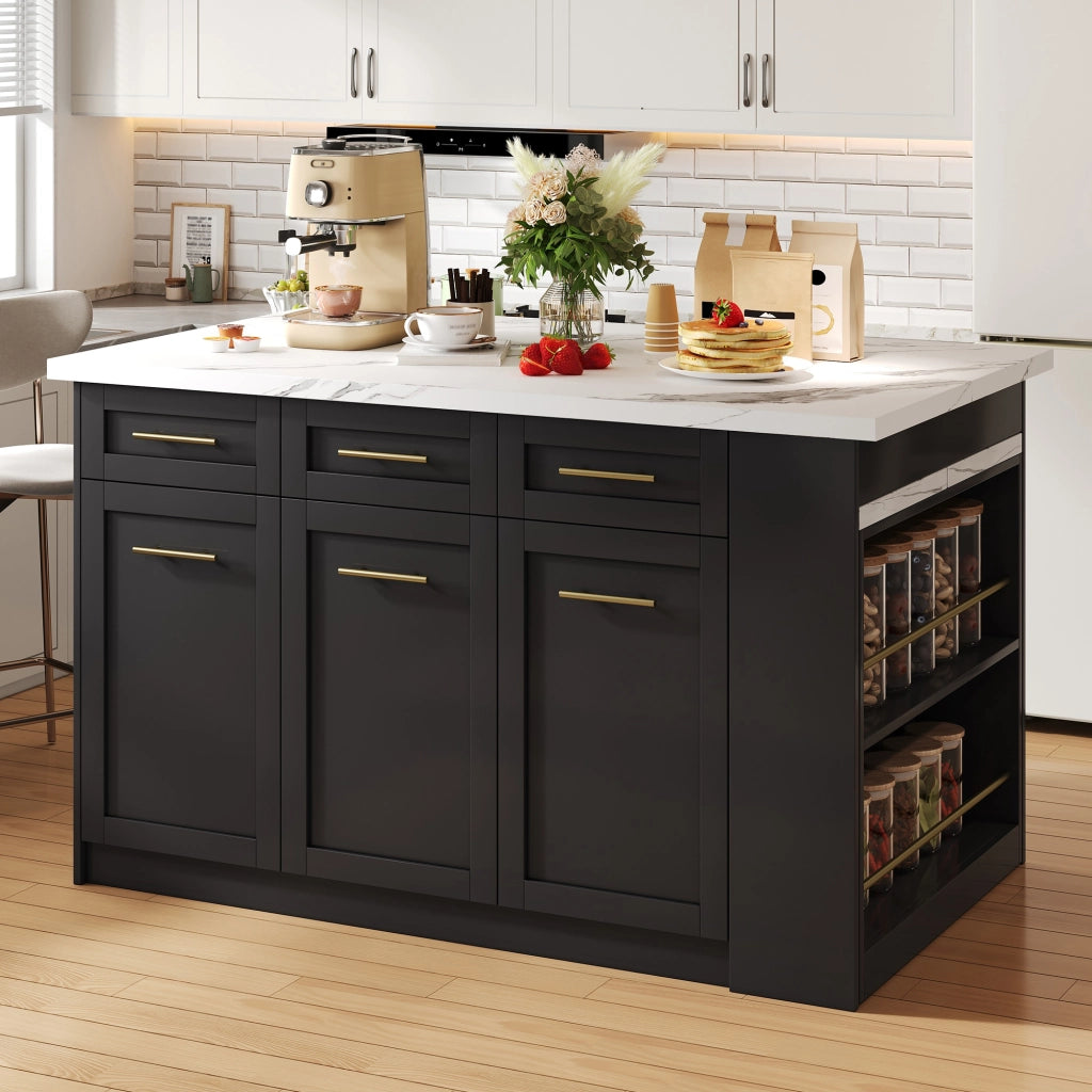Isola da Cucina Nera 150/246x90x90 cm con Tavolo Estraibile 96 cm; Piano Effetto Marmo; 6 Cassetti e Ripiani