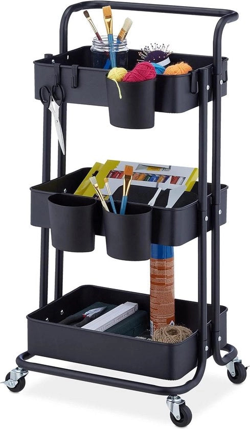 Trolley multifunzionale a 3 livelli con 2 manubri per cucina, dimensioni 86 x 38 x 39 cm, materiale metallo, colore nero.