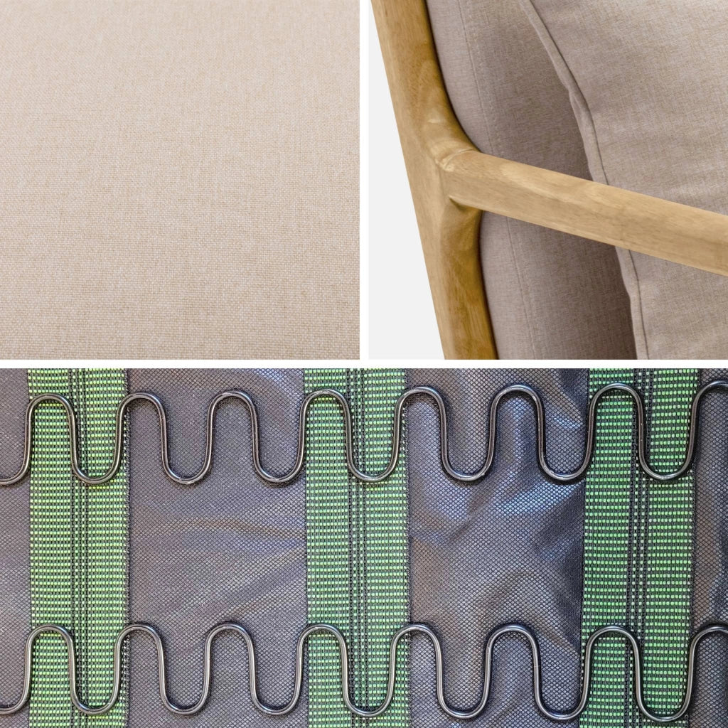 Poltrona scandinava in legno e tessuto con braccioli, beige