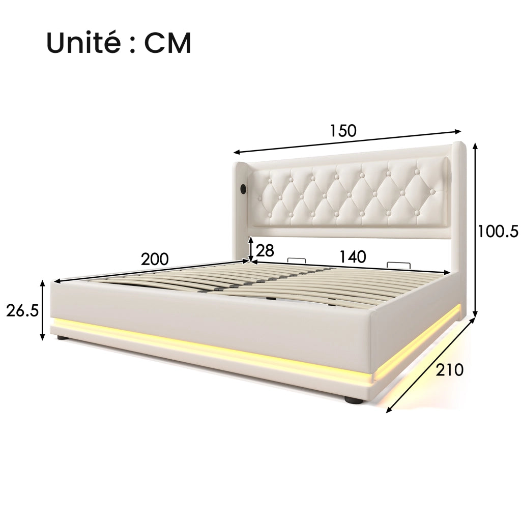 Letto Contenitore 140x200 cm; Matrimoniale - USB; Type-C; LED 3 lati - PU Bianco
