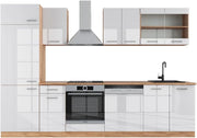 Cucina componibile R-Line, Bianco lucido/oro power oak, 300 cm senza piano di lavoro, per disposizione flessibile ed espansione con moduli aggiuntivi
