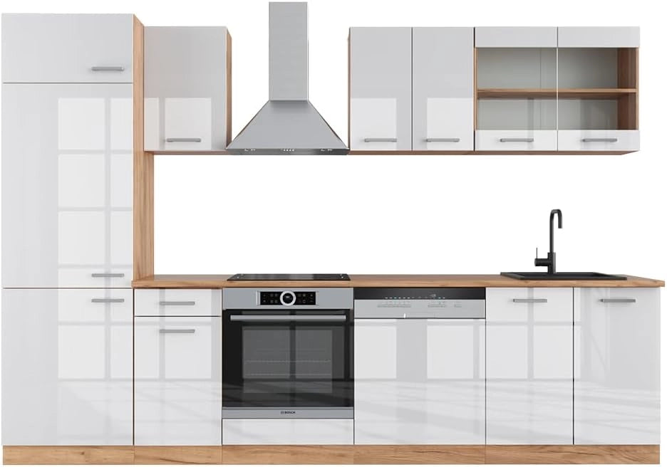 Cucina componibile R-Line, Bianco lucido/oro power oak, 300 cm senza piano di lavoro, per disposizione flessibile ed espansione con moduli aggiuntivi