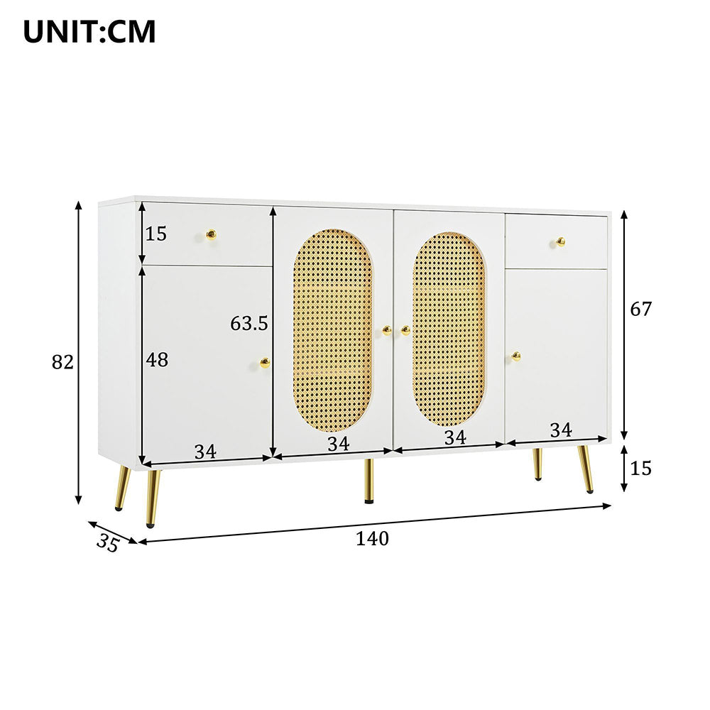 Commode buffet con 2 cassetti e 4 ante - Xylo - Bianco e toni naturali, L140xP35xH82 cm