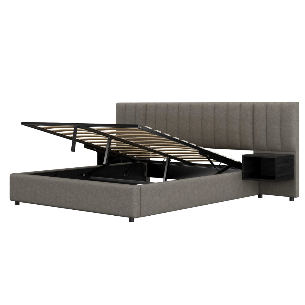 OKWISH Letto contenitore 160×200 cm, Letto Matrimoniale con Sollevamento Idraulico, 2 Comodini e Doghe in Legno, senza Materasso, Lino Grigio Nero
