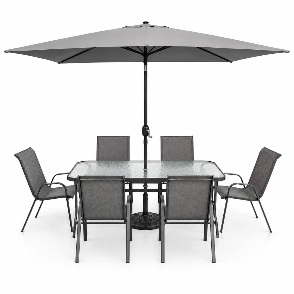 Salotto Da Esterno Con Tavolo In Vetro Temperato 6 Posti A Sedere E Ombrellone Rettangolare Ideale Per Patio Cortile Dehors E Cene All Aperto Arredo Moderno 150 x 90 x 71 Cm Grigio