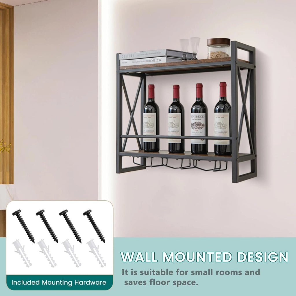 Scaffale per vino da parete, scaffale per bottiglie in legno con telaio metallico, scaffale decorativo da parete con portabicchieri per bicchieri, portabottiglie per bar, cucina, soggiorno