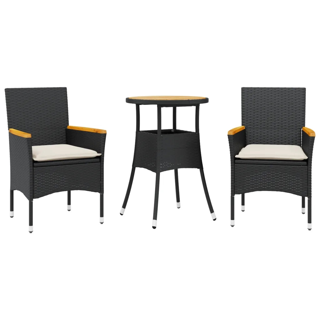 Set Pranzo da Giardino 3 pz con Cuscini Nero Polyrattan Acacia