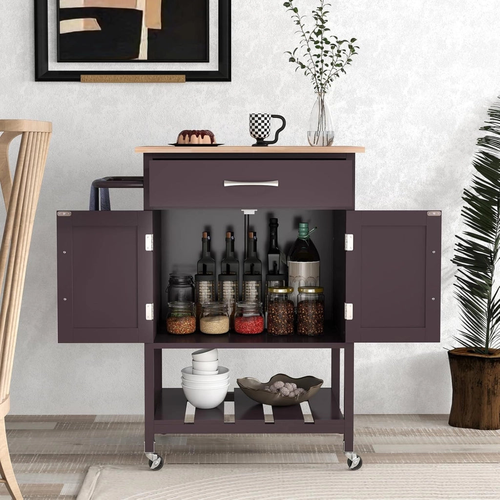 Carrello da Cucina con Cassetto, Isola da Cucina con 2 Ante Vassoio Inferiore e Porta Asciugamani, Carrello con Ruote per Sala da Pranzo Soggiorno Bar, 73 x 48 x 90 cm (Marrone)