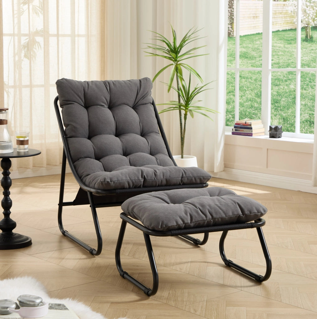 Sedia lounge da esterno con pouf in acciaio nero/grigio