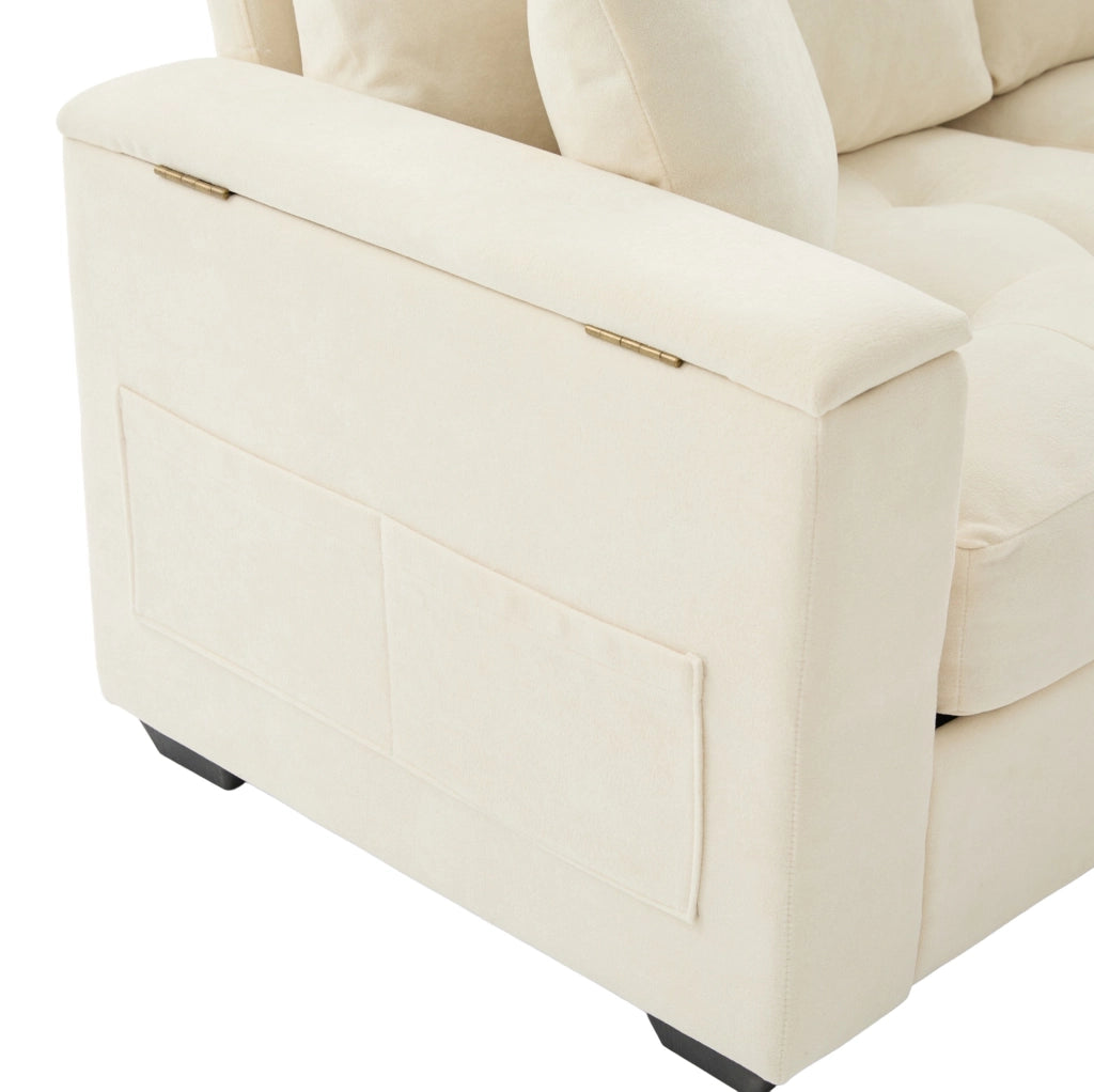 Divano 2 posti beige in ciniglia con contenitore, tasche laterali e 2 cuscini