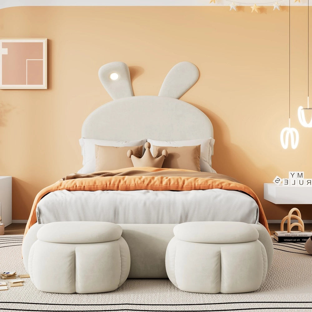 Letto Singolo Imbottito con Contenitore e LED ¨C MINIMAL ¨C Velluto Beige 90x200