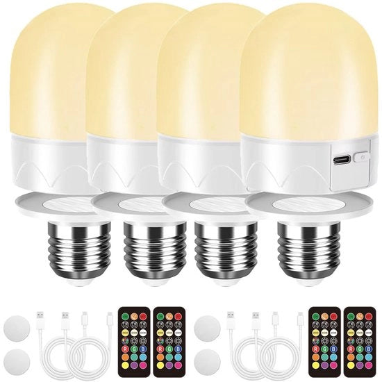 4 pezzi di luce a LED alogena con controllo remoto, lampada a batteria E27 per lampada, luce a LED alogena oplaccabile con cambiamento di colore RGB, 12 tonalità di colore, regolabile, 3 timer, lampada notturna wireless, 800 lm