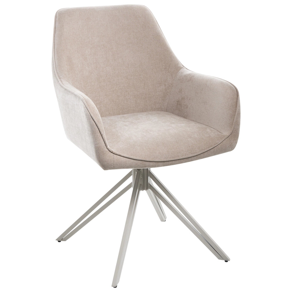 Set di 2 sedie da pranzo girevoli in tessuto beige con braccioli e schienale, gambe in metallo beige, stile retrò-contemporaneo