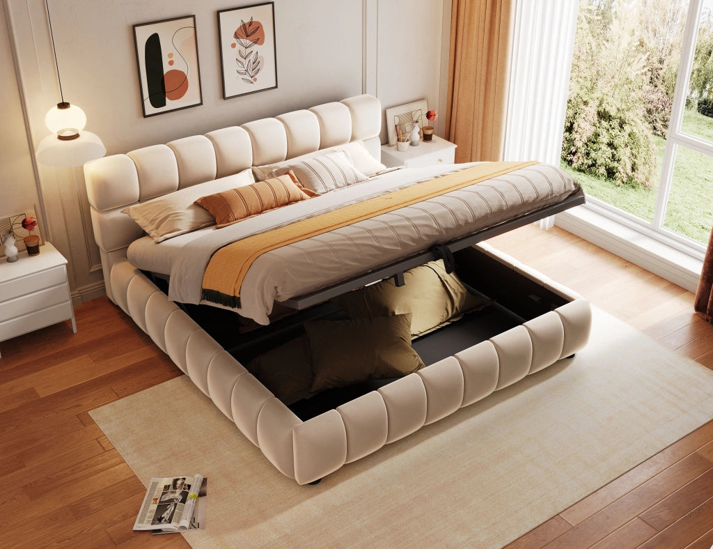 Letto Contenitore 140 x 200 cm; testiera imbottita; contenitore idraulico in Velluto Beige