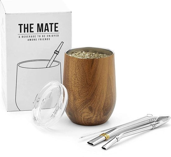 Set di Yerba Mate 350 ml con tappo in doppio strato 18/8 acciaio inossidabile - Incluso due bombilla e un pennello per la pulizia (legno, 355 ml)