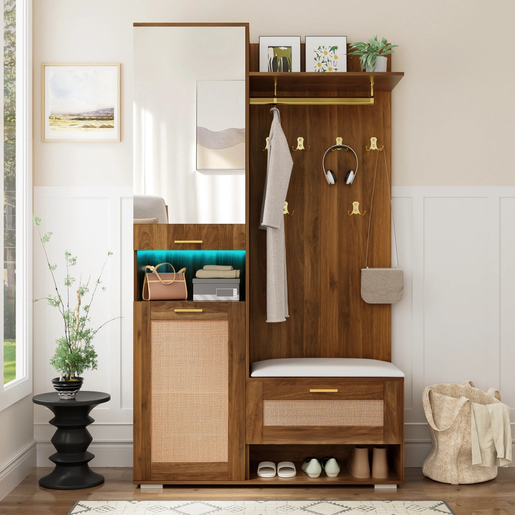 Mobile d'Ingresso con 3 Ante; Specchio; Panca e LED 16 Colori; Stile Moderno; in MDF; Noce/Bianco; 110??38??190 cm