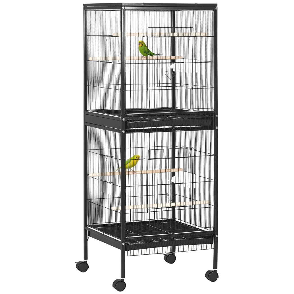 Gabbia Voliera per Uccelli per Interni con Ruote e Vassoi Estraibili, 51.5x50x140 cm, Nero