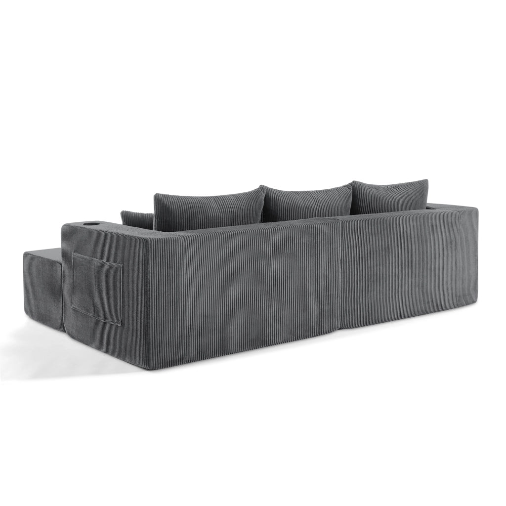 Divano angolare modulare 3 posti con pouf mobili, portabicchieri, tasche laterali e cuscini in tessuto a coste grigio