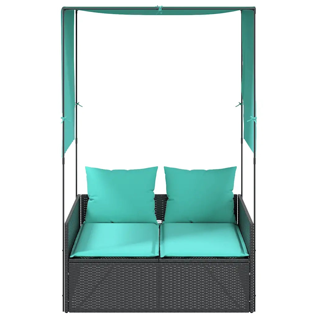 Lettino prendisole doppio con tettoia e tende in Polyrattan Nero 4002763