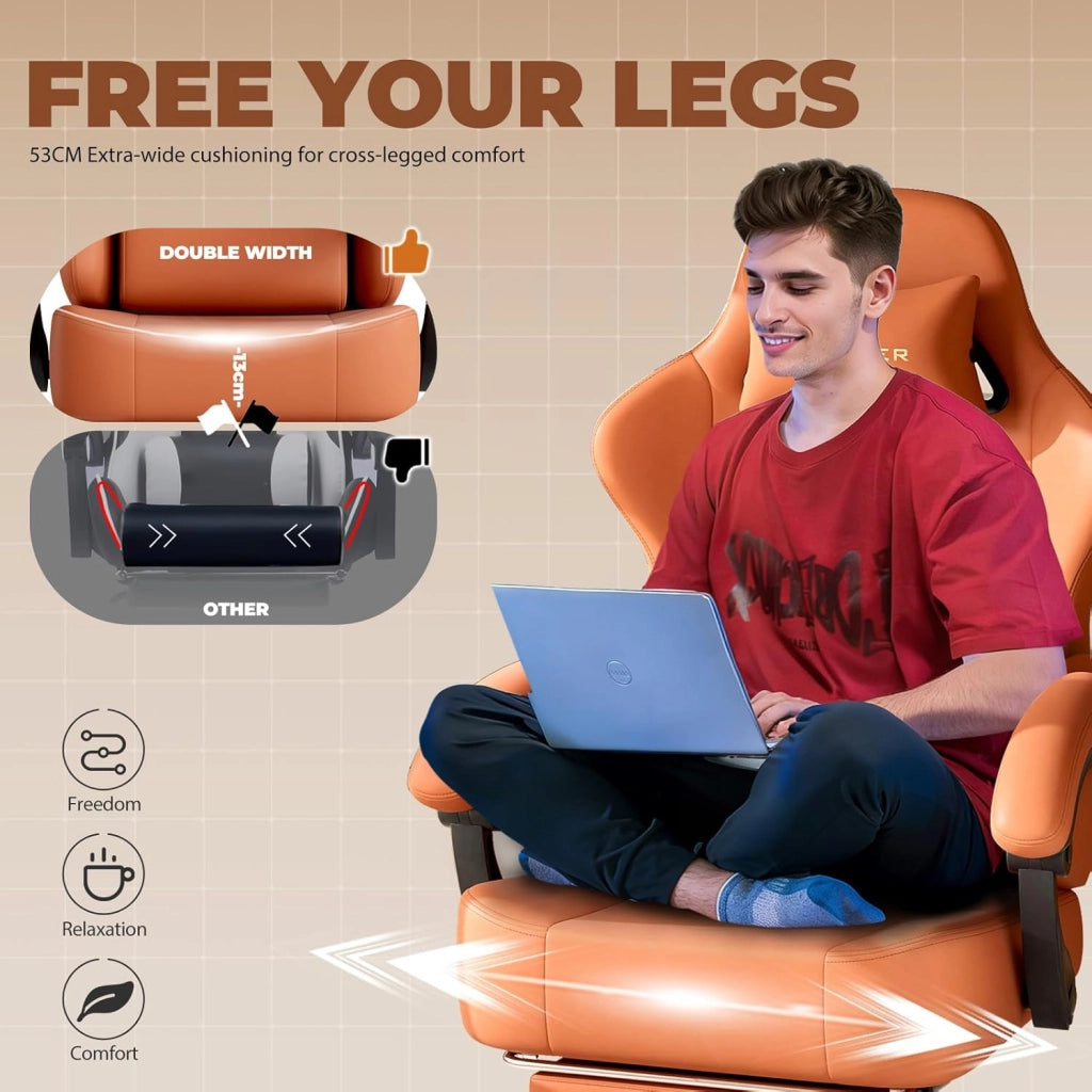 Sedia da gioco, traspirante, sedia da ufficio, ergonomica, in tessuto di alta qualità, ergonomica, schienale regolabile a 160°, poggiapiedi estraibile,carico 180 kg,arancione