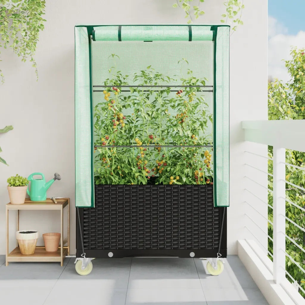 Fioriere | Cassetta per fiori | Letto Rialzato con Copertura e Ruote Effetto Rattan 80x50x182cm