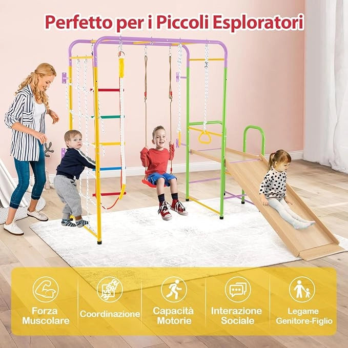 8 in 1 Set da Arrampicata per Bambini, Set Giocattoli Scivolo con Barre Scala Corda Anelli Ginnici e Altalena, Parco Giochi per Bambini 3 Anni +, Carico 100 kg
