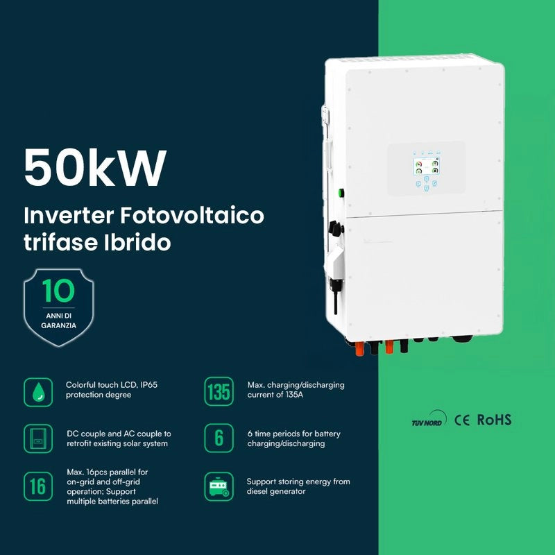 Inverter Fotovoltaico Deye Trifase Ibrido ALTA TENSIONE On-Grid/Off-Grid 50kW CEI 0-21, Schermo LCD Touch a Colori, Smart Meter Integrato, WiFi e TA, Garanzia 10 Anni IP65 SKU-11861