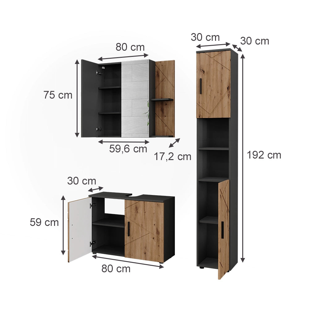 Vicco Set di mobili da bagno Antracite/Artisan 3 parti