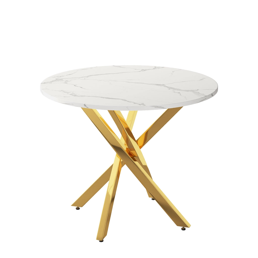 Tavolo rotondo 80 x 80 x 75 cm in MDF, finitura effetto marmo, gambe cromate oro, design moderno