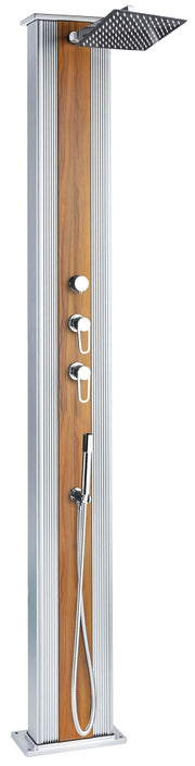 Doccia Solare Ibrida da Giardino 40L Miscelatore e Doccetta Lavapiedi Alluminio Metallizzato/Legno