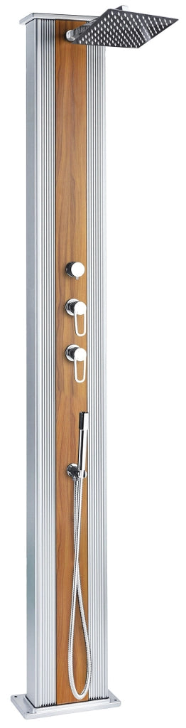 Doccia Solare Ibrida da Giardino 40L Miscelatore e Doccetta Lavapiedi Alluminio Metallizzato/Legno