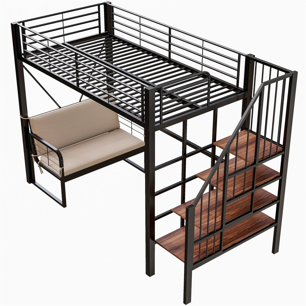 Letto a castello in metallo e MDF 90 x 200 cm con divano imbottito rimovibile, scala contenitore e design salvaspazio, colore nero