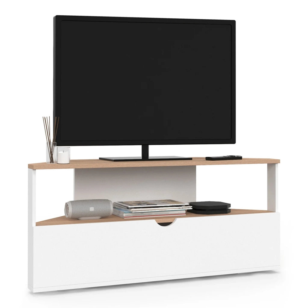 IDMarket - Mobile TV angolare ELI 100 cm in legno effetto faggio e bianco