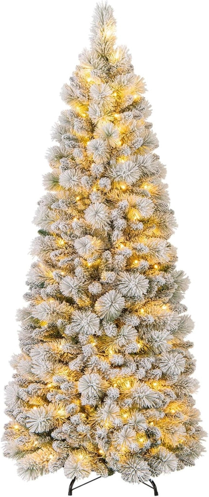 Albero di Natale Innevato 150/180/210 cm, Albero di Natale Pop-Up con 130/170/200 Luci LED, Aghi di Pino, 378/517/680 Punte di Rami, Sezione Pieghevole e Supporto in Metallo (180 CM)