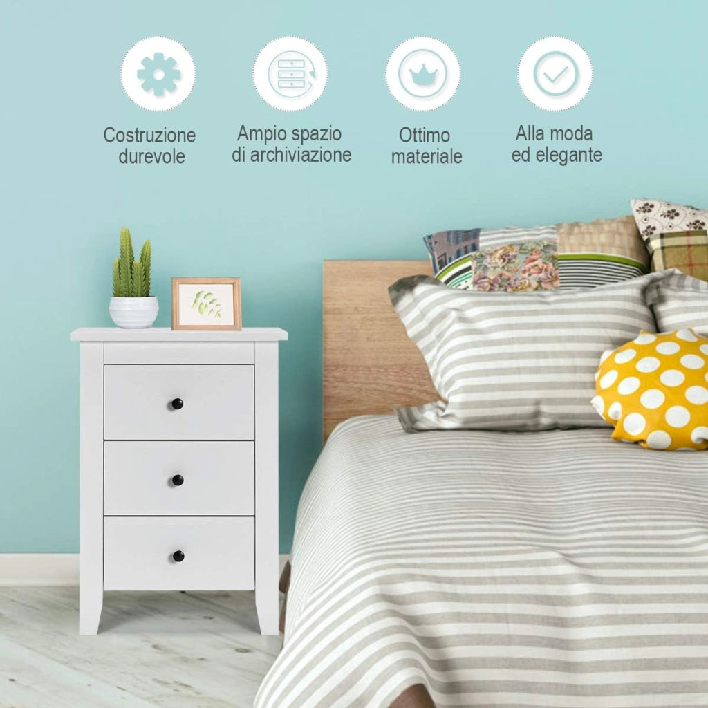 Comodino con 3 Cassetti, Cassettiera da Letto, Tavolino Spazioso con Struttura Resistente, per Salone e Camera da Letto, 46 x 37 x 65 cm (Bianco, 1 pezzo)