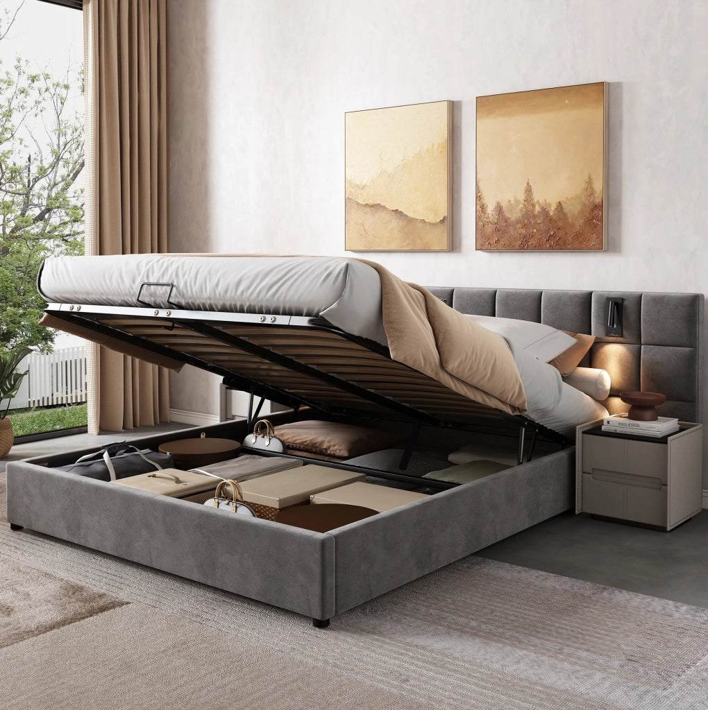 Letto imbottito 180x200 cm con contenitore, luce orientabile USB e testiera ampia