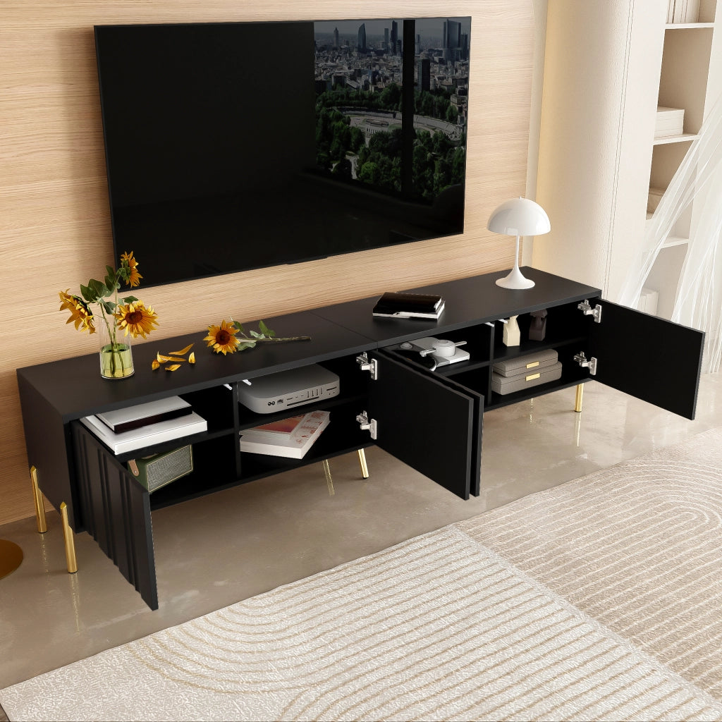 Mobile TV nero 190 cm con 4 ante, 8 ripiani e gambe dorate