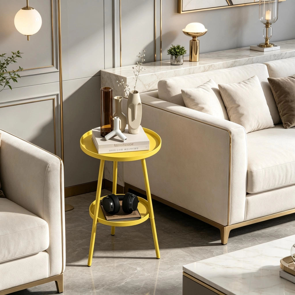 Tavolo da giardino bistrot in metallo a 2 ripiani con bordo curvo, per interno e esterno, giallo, Ø 32 × 51 cm