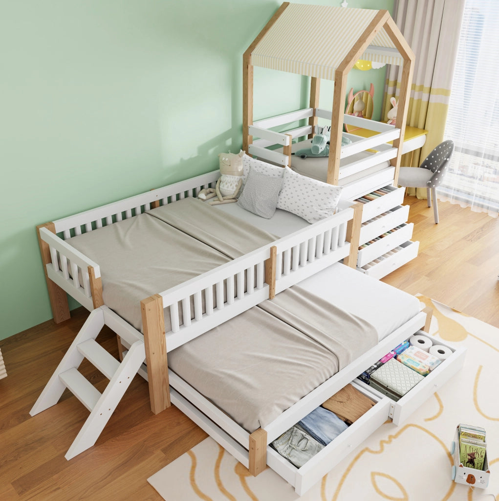 Letto per bambini a casetta con letto estraibile, scala e cassetti
