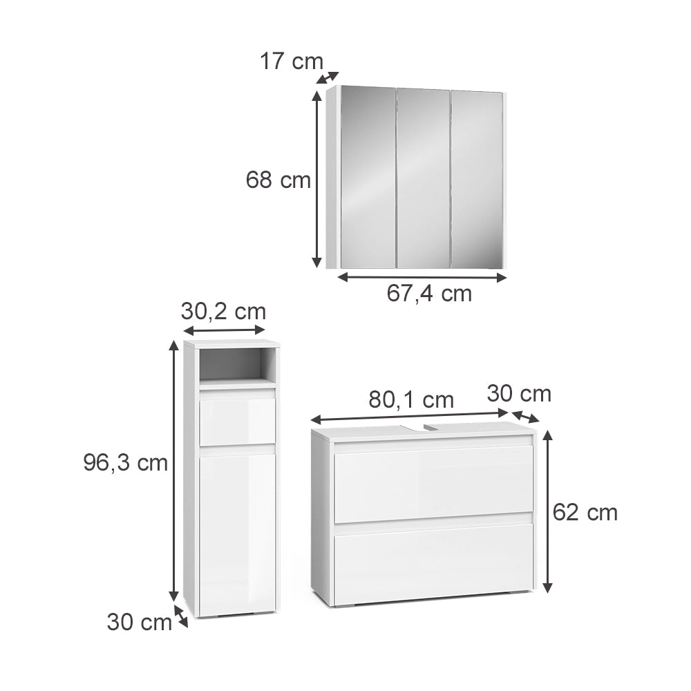 Vicco Set di mobili da bagno Bianco/bianco lucido 3 parti