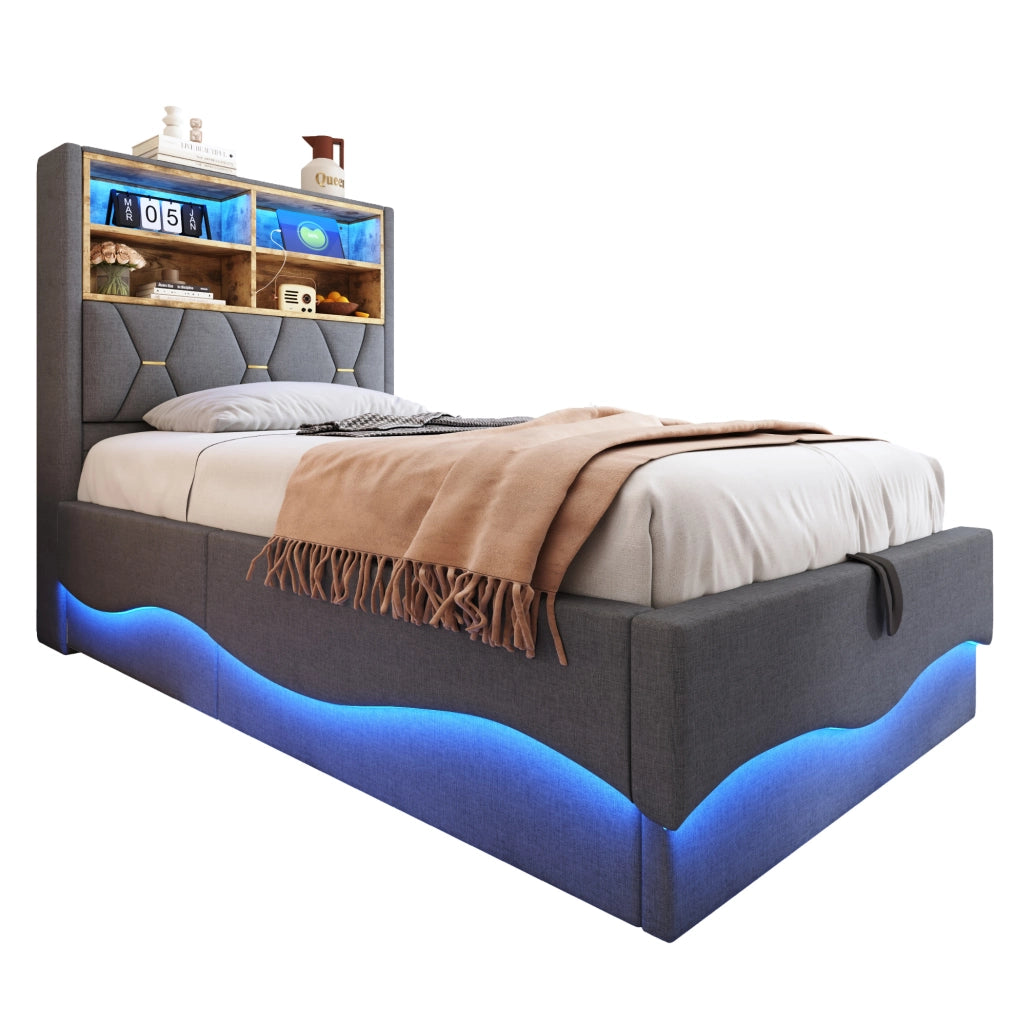 Letto multifunzione 90x200 cm con LED, USB e contenitore idraulico