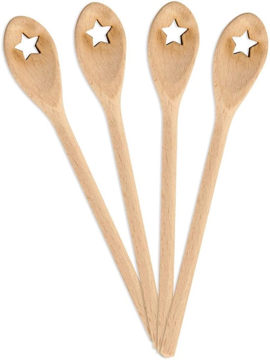 Set di 4 mini cucchiai in legno con tema stellato