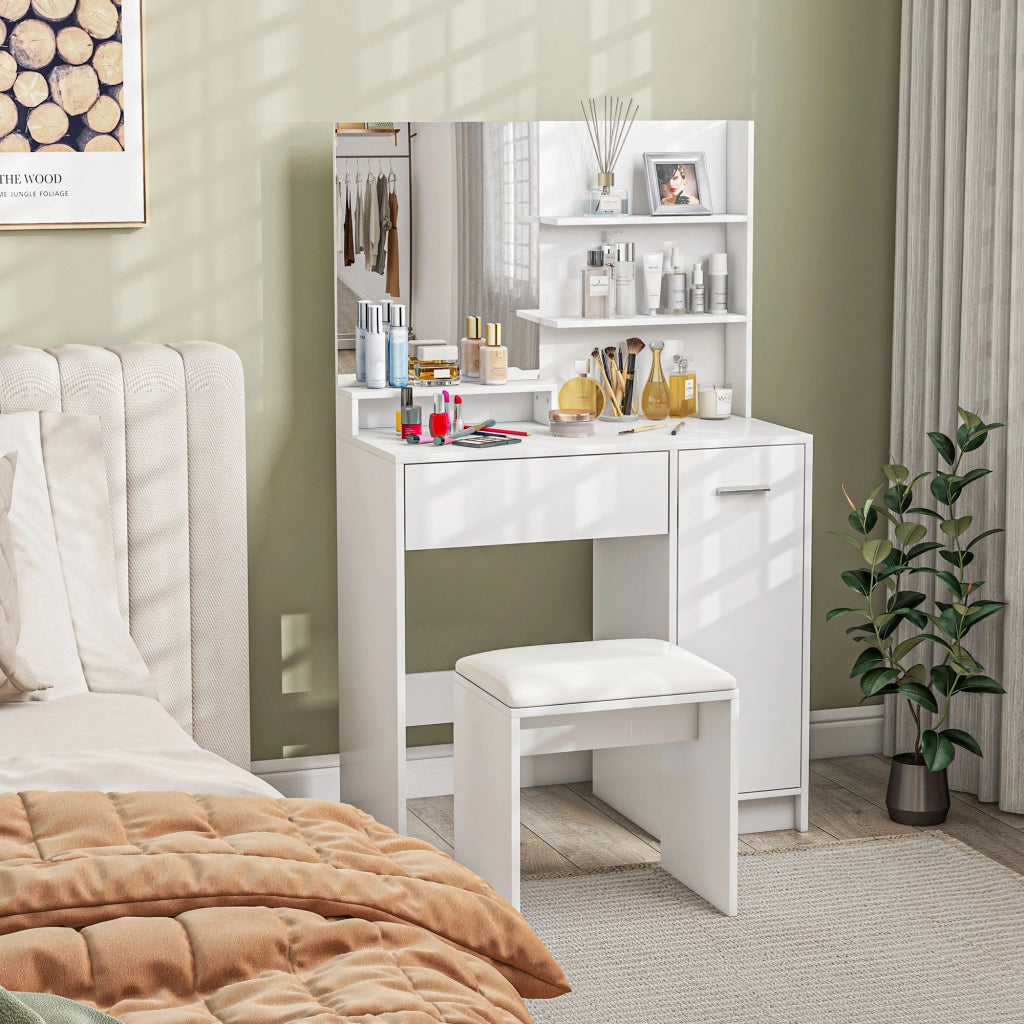 Cassettiera con Specchio e Sgabello ¨C Xylo ¨C Bianco Beige con Ripiani Aperti