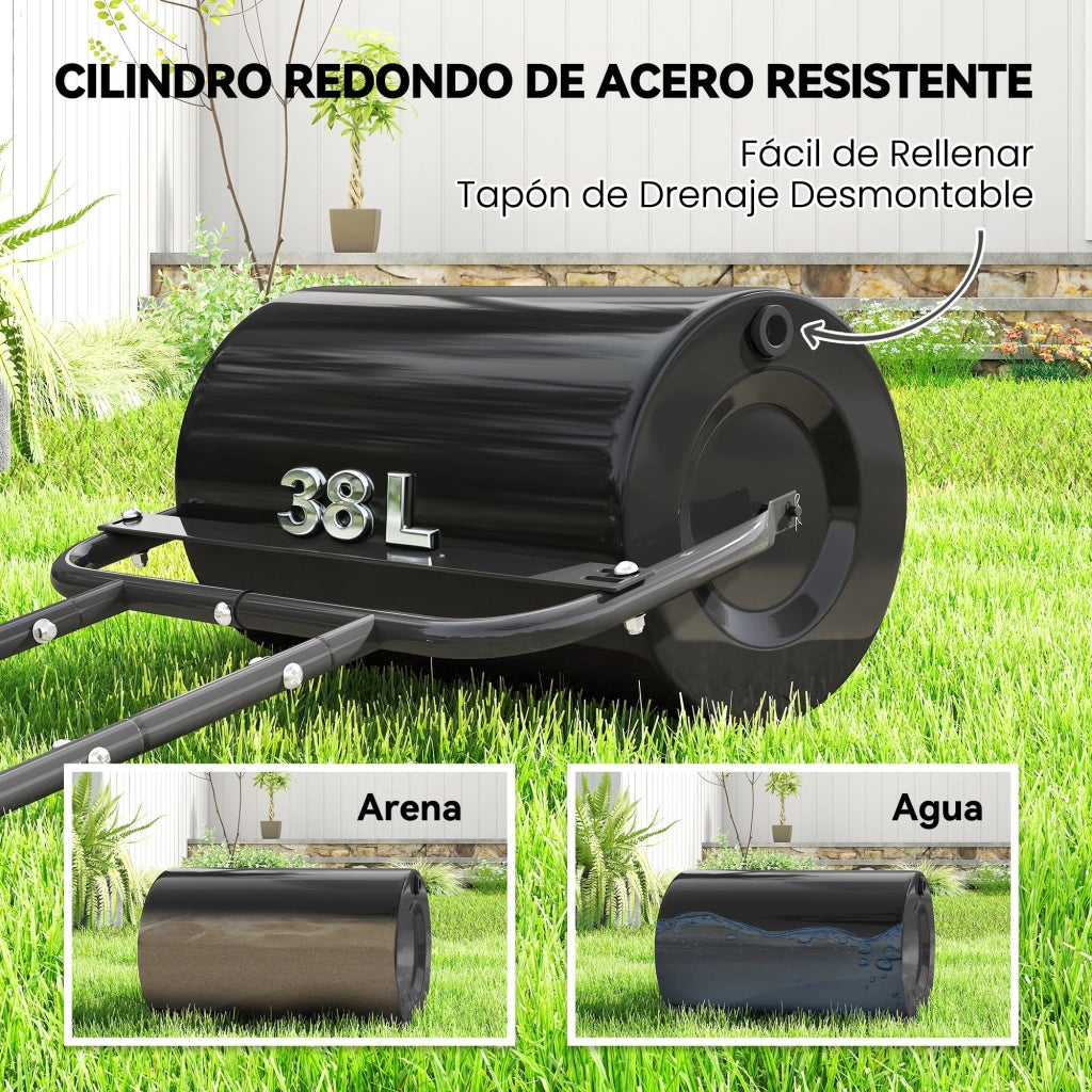 Rullo Compressore da Giardino 38L - Xylo - Riempimento Acqua o Sabbia, Maniglia a U, Nero