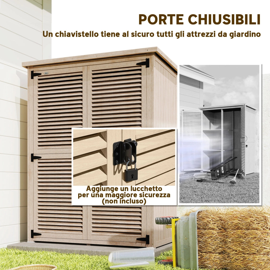 Armadio da Esterno Portaoggetti a 2 Ripiani con Picchetti, in Legno di Abete, 127x65x159.5/168 cm